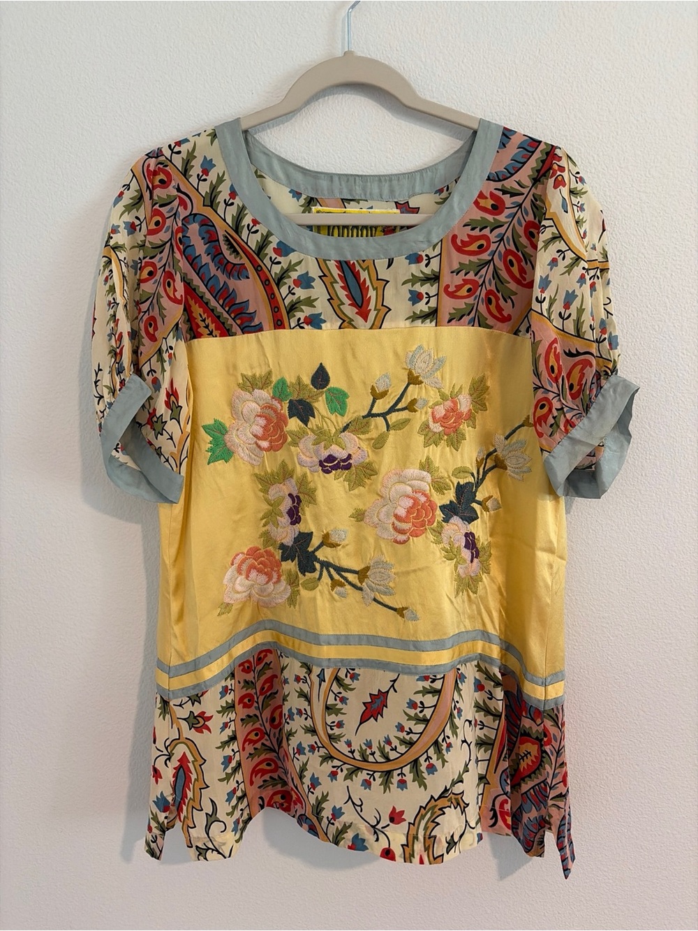 Johnny Was S Embroidered Floral Tunic Blouse Yellow Boho Peasant Coastal Chic